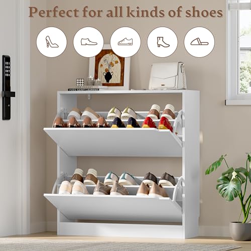 Image of BORNOON Shoe Cabinet with 2 Flip Drawers, Slim Narrow Shoe Storage Cabinet, Freestanding Shoe Organizer with Adjustable & Removable Shelves, Top Display Shelf for Entryway, Hallway, Foyer, Closet