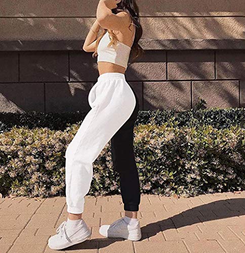 Meladyan Women's Elastic High Waist Joggers Baggy Pants Color Block Sweatpants with Pocketsc4