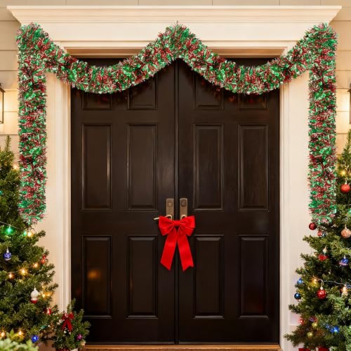 Image of 70 Ft Christmas Tinsel Garland Metallic Tinsel Twist Garland Glitter Christmas Tree Hanging Decorations New Year Party Birthday Holiday Indoor Outdoor Supplies (Red Green)