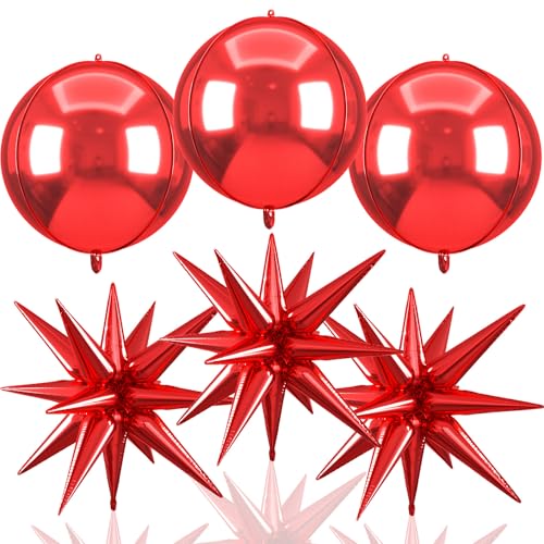 Image of 6pcs 22 inch Red Star Balloons and Red 4D Large Foil Balloons, Foil Star Balloon 4D Aluminum Balloon For Birthday Baby Shower Party Wedding Valentine's Day Christmas Graduation Anniversary New Year