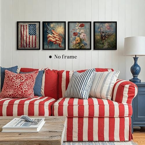 Image of WEFKODO Vintage America Flag Patriotic Decor Wall Art Prints 4Pcs, Vintage Floral 4th of July Decorations Wall Art, Patriotic Decorations for Home Bedroom Living Room Bathroom, 8x10 Inch Unframed