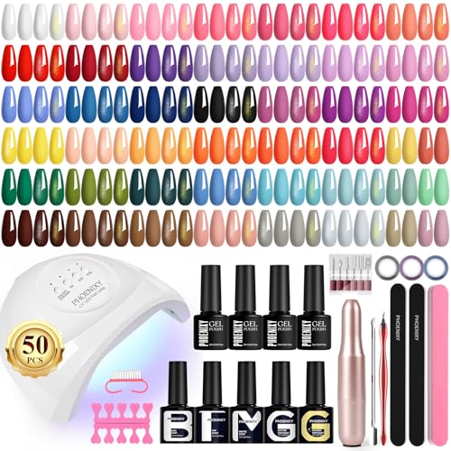 Phoenixy 45 Couleurs Kit Vernis Semi Permanent Complet avec Ponceuse pour Ongles 50 PCS Kit Ongle Gel UV Complet avec 48W Lampe UV 5Pcs Base et Top Coat Femmes...
