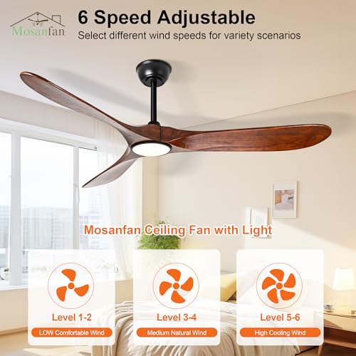 Image of 60 Inch Ceiling Fans with Lights and Remote, Wood Outdoor Ceiling Fan with 6 Speed Noiseless DC Motor, Indoor Modern 3 Blade Propeller Ceiling Fan for Bedroom Living Room Gazebo Patio(Walnut)