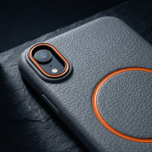 Image of amazon basics Luxury MagSafe Compatible Leather Texture Back Cover for iPhone XR | Raised Camera Protection | Slim Fit Shockproof Case with Metallic Accents (Gray)