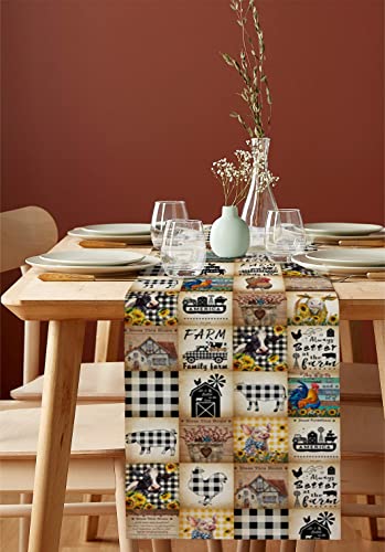 Cotton Linen Table Runner Pig Rooster Cow Farm Black White Buffalo Plaid Table Runners For Dinning Table Farmhouse Dresser Scarves Holiday Kitchen Decoration-13X70 Inch #TOP1