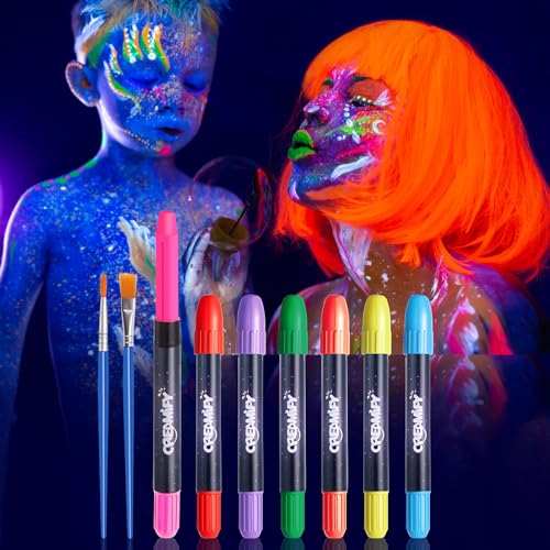 Creamify Bodypainting Farben, 7 Stück Neon UV Kinderschminke Set, Schminkstifte für Kinder, UV Glow in The Dark Schminkstifte, Abwaschbare Face Paint, Gesichtsglitzer Festival für Neon Party