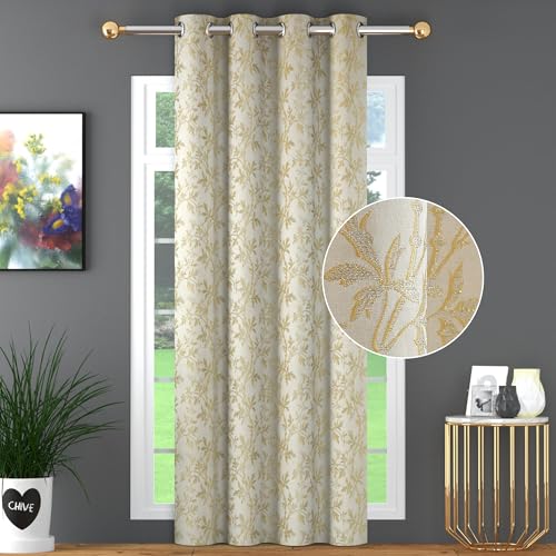 Image of FRESH FROM LOOM Heavy Jari Jacquard Premium Luxury Ring-Top Curtain 8 Feet Long Door & Window | Semi Blackout | Light Blocking 80% Darkening | Double Stitched | Floral Parda (8ft, Golden, 2pc)