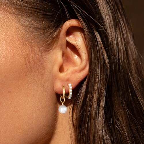 Gold Hoop Earrings for Women, Dainty 14k Gold Plated Drop Small Hoop Pearl Earrings Studs Set Trendy Dangle Cubic Zirconia Huggie Stacks Hypoallergenic Earrings Fashion Jewelry for Women2