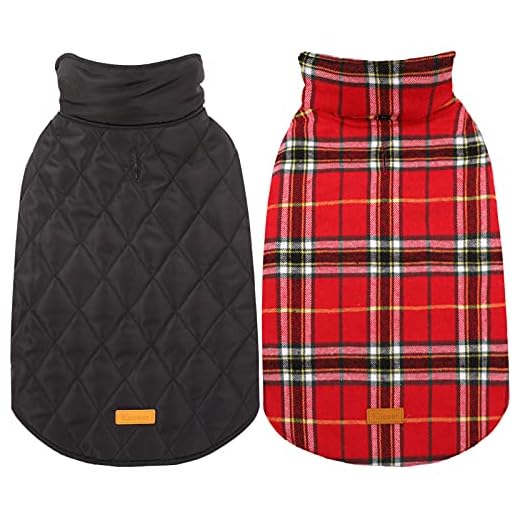 Kuoser Warm Dog Coat, Reversible Dog Jacket Waterproof Dog Winter Coat British Style Plaid Dog Clothes Pet Dog Cold Weather Coats Cozy Snow Jacket Vest for Small Medium Large Dogs Bright Red XL