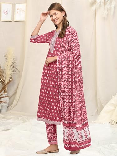 Image of MIRCHI FASHION Pure Cotton Straight Kurta Set with Dupatta | 3 Piece Ethnic Kurta Pant Set Office Wear Salwar Kurta Set for Women