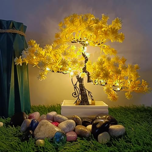 Image of Artificial LED Bonsai Tree with Lush Colorful Foliage in Elegant Plastic Pot | Artificial Plants with Pot | Indoor Plants | Home Decor Items (Yellow, 24cm)