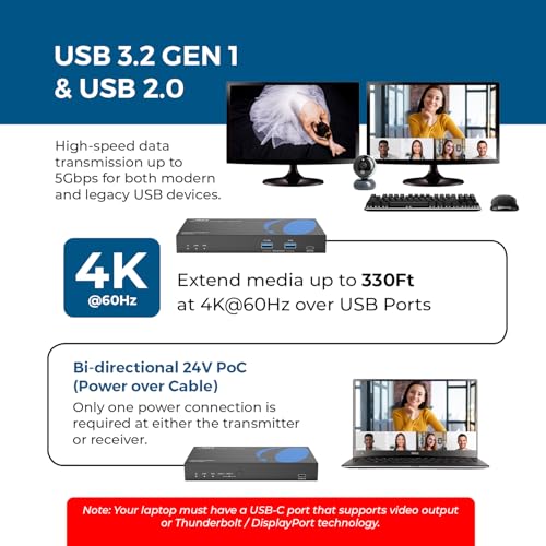 Image of OREI SplitXtend 4K Dual Monitor Over Ethernet KVM USB 3.2 Cat6 Extender LAN Upto 330 Feet - DisplayLink HDMI Dual Host Extends 2X USB-C / 2X USB-A - RS-232, PoC | USB Extender Over Ethernet, USB Extender Over CAT5 - 5Gbps, Dual HDMI 4K60, Auto /Manual Host Switching, 3.5mm Audio