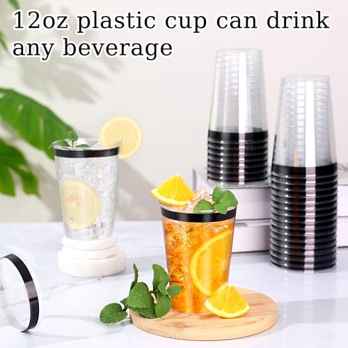 Image of 120 Pcs Black Plastic Cups,12oz Black Rimmed Plastic Cups,Heavy Duty Disposable Plastiic Wine Glasses Cocktail Glasses Premium Cup with Black Rim for Party,Wedding,Christmas