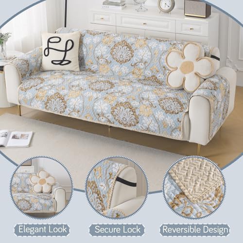 Image of HOKIPO Double Sided Quilted Sofa Cover 5 Seater Fully Covered, (3+1+1) Sofa Cover Set, Easy Drape Series, Cool Breeze Floral (NEW-IN-1101 + IN-1099 * 2-ED5)