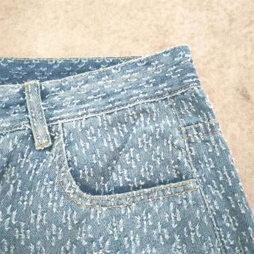 Men Hombre Jacquard Pattern Denim Pants Male Straight Fitting Baggy Bottoms Distressed Wide Jeans2