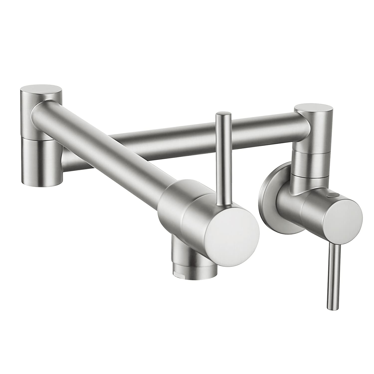 Robinets de cuisine, montage mural, double articulation, bras pivotant, évier de cuisine, pliable, extensible, avec un trou, deux poignées (nickel brossé)