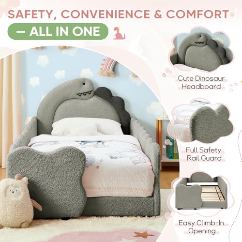 Image of Twin Size Kids Floor Bed Frame, Upholstered Montessori Platform Bed Cute Dinosaur-Shaped Daybed Frame for Girls Boys, No Box Spring Required, Grey