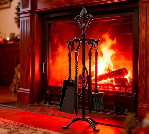 Kingson - Set de 5 piezas de accesorios para chimenea de hierro fundido – Acabado negro – Incluye atizador, pinzas, cepillo, pala y soporte – Juego de herramientas para chimeneas abiertas