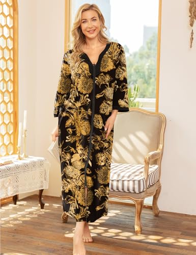 Image of Bloggerlove House Dresses for Women Zip Up Robes Soft Cotton Nightgown Half Sleeve House Coat Long Night Gowns Sleepwear