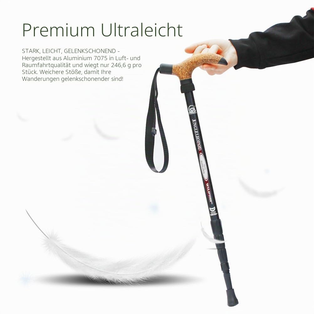 KRY Bergstock / Wanderstock, T-förmiger Griff, einziehbar, aus Luftfahrt-Aluminiumlegierung, verstellbare Teleskopstange, Stoßdämpfung, schwarz