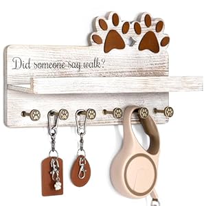 MTERSN Farmhouse Dog Leash Holder for Wall – Dog Stuff Organizer and Key Holder Wall Mount with a Floating Shelf & 6 Hooks for Home Decor – Perfect Gifts for Dogs Lovers (White)