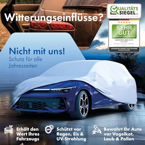 WALSER Abdeckplane Auto All Weather, Abdeckplane wasserdicht, 100% wetterfeste Auto Abdeckung, Autoabdeckung Outdoor, Abdeckung wasserdicht, Autoplane Vollgarage Größe 1 PKW Silber