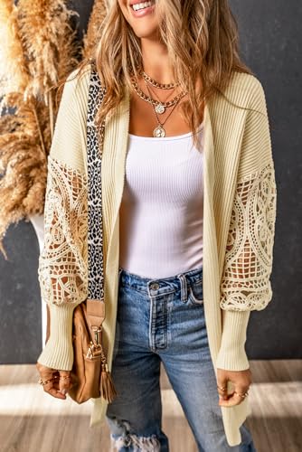 Women's Apricot Crochet Lace Sleeve Ribbed Knit Cardigan4