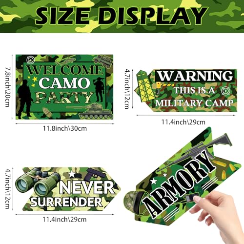 Image of Hooqict 20 Pieces Camo Party Signs Army Birthday Party Decorations Camouflage Military Birthday Party Supplies for Boys Men Army Themed Directional Sign