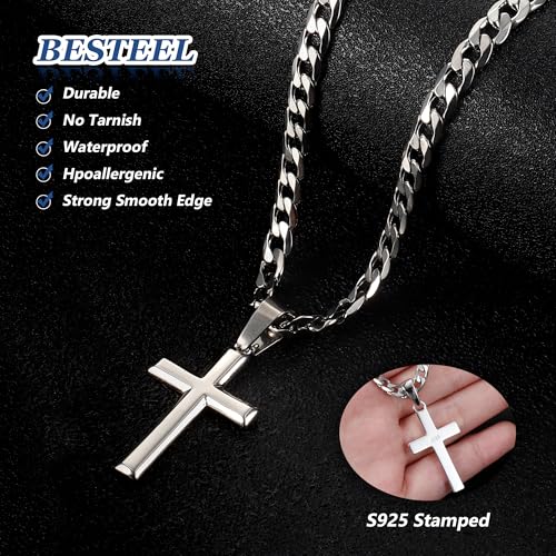 Besteel 925 Sterling Silver Cross Necklace for Men Women | 5mm 316L Stainless Steel Diamond-Cut Cuban Link Curb Chain, Beveled-Edge Religous Pendant Jewelry, 16-30'' Christian Baptism Gift4