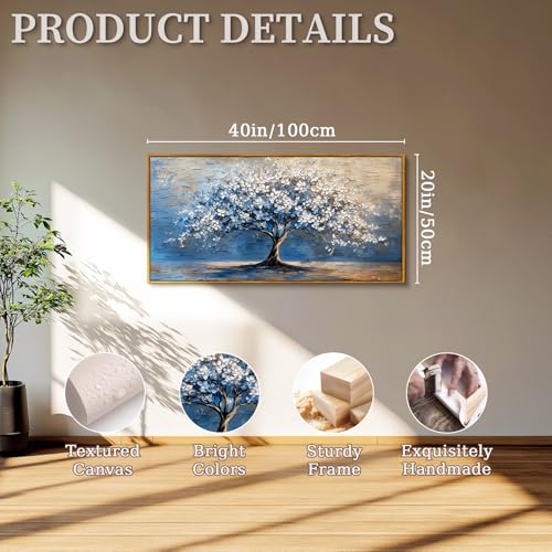 SERIMINO Tree of Life Large Framed Wall Art Prints, Blue Tree Abstract Art Wall Decor, Cherry Blossom Floral Plant Artwork for Walls, Modern House Decorations Living Room Bedroom Home Office 20"X40"