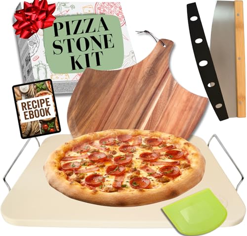 Pizza Stone for Oven and Grill Set - 5PCS Pizza Making Accessories Kit - 15 inch Pizza Stone with Handles, Pizza Peel, Pizza Cutter, Dough Tool - Baking Stone for Bread - Large Rectangular Oven Stones