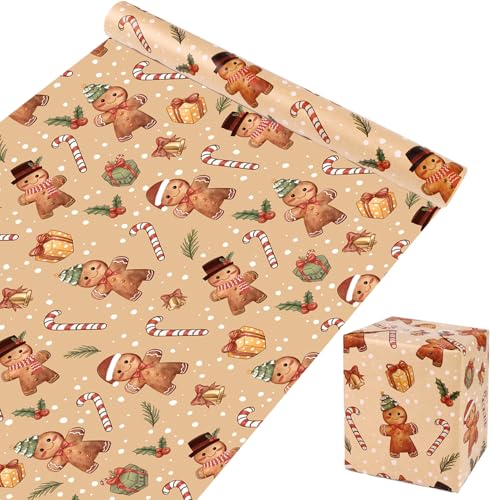 FINGOOO Gingerbread Man Christmas Wrapping Paper Kraft Mini Roll 17 Inch X 33 Feet Vintage Gift Wrap Pape