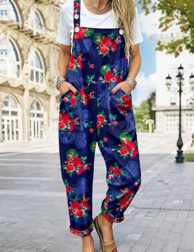 Image of YESNO Women's Overalls Cotton Boho Casual Floral Bib Jumpsuit Baggy Adjustable Strap Romper with Pockets PVV