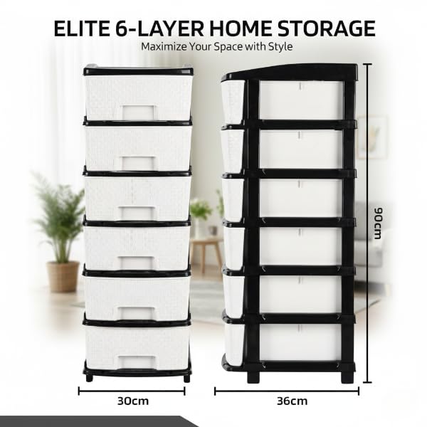 Image of KITCHIVO Plastic Modular Drawer Storage Chest Of Drawers Organizer Storage Box, Large Stomo Racks For Multipurpose Anti-slip Shoes Organizers (White & Black, 6 Layer)