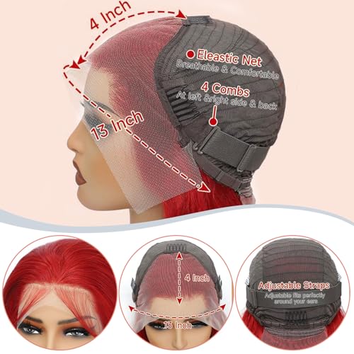 AAY Red Human Hair Wig 200 Density Body Wave 13x4 HD Lace Frontal Wigs Human Hair Colored Red Lace Front Wigs Human Hair Pre Plucked with Baby Hair Real Hair Wigs for Women Glueless 24 Inch