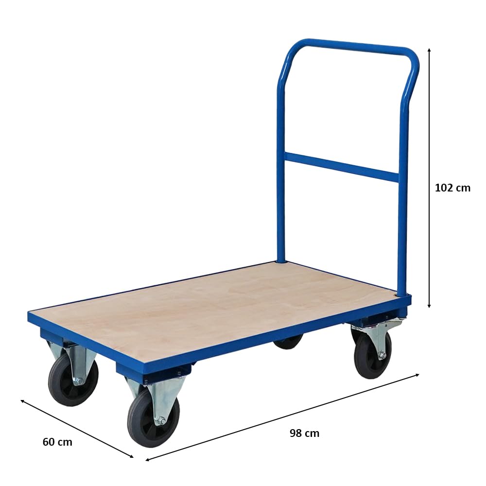 PROREGAL Transportwagen Handwagen Materialwagen | HxBxL 102x60x98cm | Traglast 450kg | Vollgummibereifung, 2x Lenkrollen mit Feststellbremse & 2x Bockrollen | Lichtblau | Plattformwagen Transporthilfe
