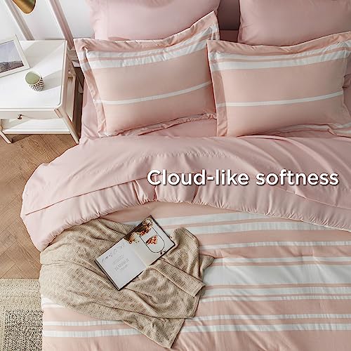 Image of Bedsure Full Comforter Set 7 Pieces, Light Pink Striped Bedding Set for All Seasons, Reversible, Cationic Dyeing Bed in a Bag with Comforter, Sheets, Pillowcases & Shams