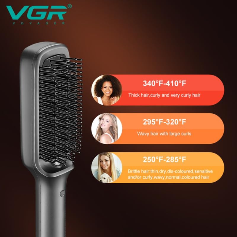 Visual guide for VGR V-560 hair straightening brush temperature settings, recommending ranges for brittle, wavy, and thick hair types.
