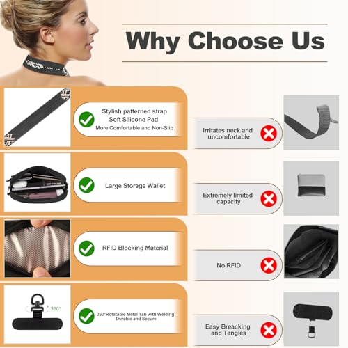 Image of YFWE Clip and Go Strap for Phone with Wallet Crossbody, Adjustable Phone Lanyard with Detachable RFID Wristlet Wallet, Pattern Strap - Black (L)