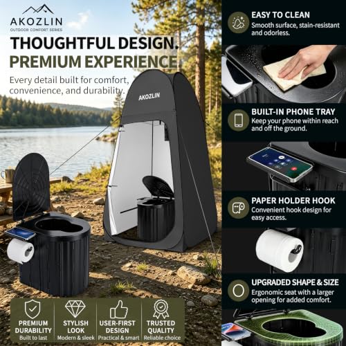 AKOZLIN Portable Camping Toilet con Tienda de Privacidad Plegable y Gel para Desechos Líquidos, Baño al Aire Libre para Adultos con Tienda para Ducha, Vestidor y Bolsa de Transporte para Camping, Senderismo y Viajes miniatura 6
