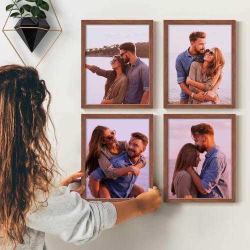 Renditions Gallery Set of 4, 8X10 Custom Photo Prints with Real Wood Picture Frames. Create Personalized Photos with Peel & Stick Photo Frames. Brown Frame