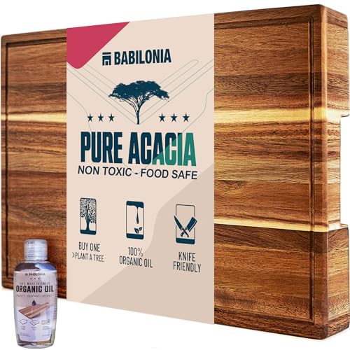 Acacia Wood Cutting Board for Kitchen, 15.7 x 10.2 Inch (ExtraThick 1.6') Wooden Chopping Board for Meat, Cheese, Charcuterie Boards with Handles. Premium Quality Butcher Block (Oil & Plate Included)