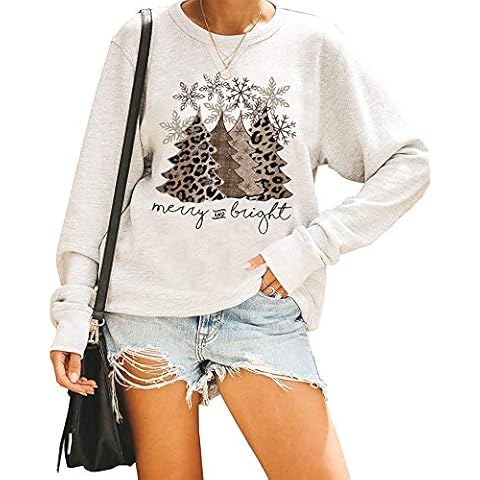 Women's Christmas Sweatshirt Merry and Bright Sweatshirts Cute Xmas Trees Leopard Graphic Shirts Sweatshirt Tops - beige - Large Cover