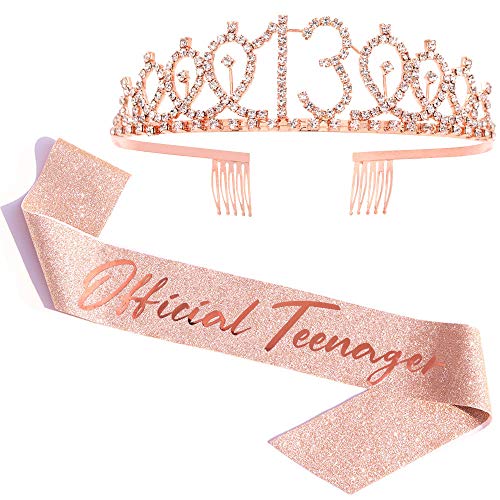 ADBetty Official Teenager Sash & Rhinestone Tiara Set - Rose Gold Glitter 13th Birthday Gifts Birthday Party Supplies