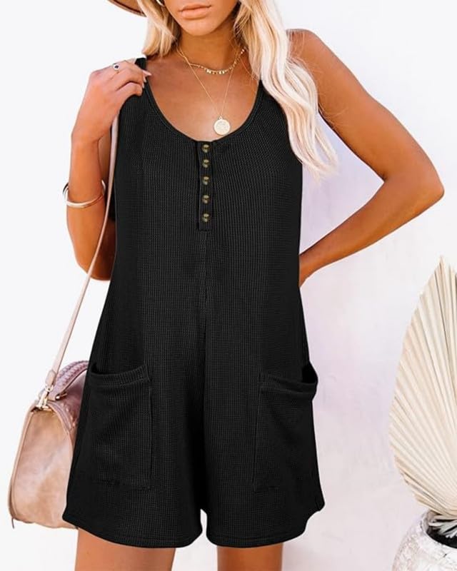 Combinaison Femme Eté salopette Casual sans Manches Col En V Débardeur Combishorts avec Poches Boutonné Monobloc Short Chic Élégant Jambes Larges Plage Bermudas Jumpsuit