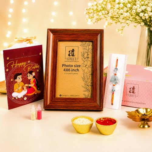 Image of Art Street Table Rectangular Photo Frame with Floral Metal Rakhi, Plexi Glass, Engineered Wood Cave Photo Frame for Home and Office Decoration Tabletop (Wood Brown, Size- 4x6 Inch)