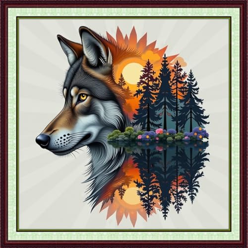 Image of Foxhool Stamped Cross Stitch Kits,11CT Printed Cross Stitch Pattern Full Embroidery Kits for Beginner Needlepoint Kits-Abstract Forest Wolf 18x18 inchs