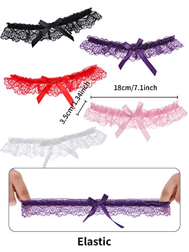 Boao 5 Pair Sexy Lace Garters with Cute Bowknot Halloween Cosplay Party Costume Ribbon Floral Belt Leg Ring for Thigh Decor2