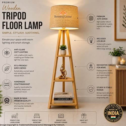 Image of Modern Wooden Triangle Floor Lamp with Shelves - 3-Tier Standing Lamp with Fabric Shade, Corner Shelf Light for Living Room, Bedroom, Study - Space Saving Decorative Lamp with Plant Stand...