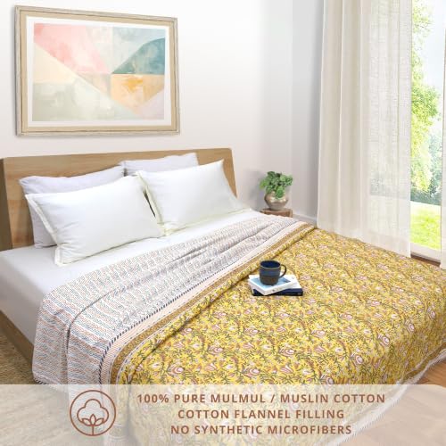 Image of TOAIArt Premium Jaipuri Dohar | AC Blanket Summer Quilt | Hand Block Printed | 3 Layers | Reversible | 150GSM 100% Mulmul Cotton | 100% Cotton Flannel Filling | Queen 90 inch X 108 inch|MohanVan